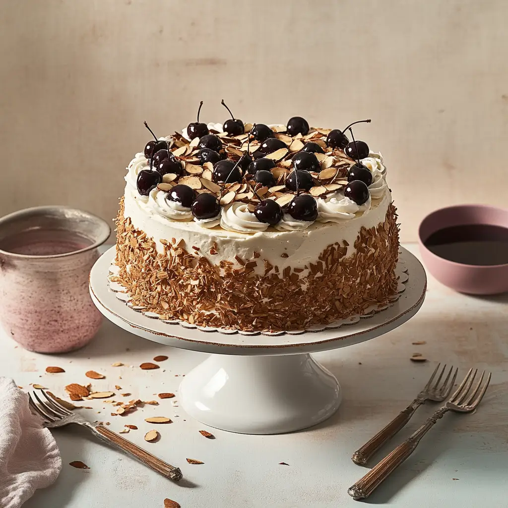 Discover the Secrets of the Delicious Italian Rum Cake: A Must-Try Recipe 7 "Italian Rum Cake topped with whipped cream, dark cherries, and chocolate shavings, surrounded by almond slices."