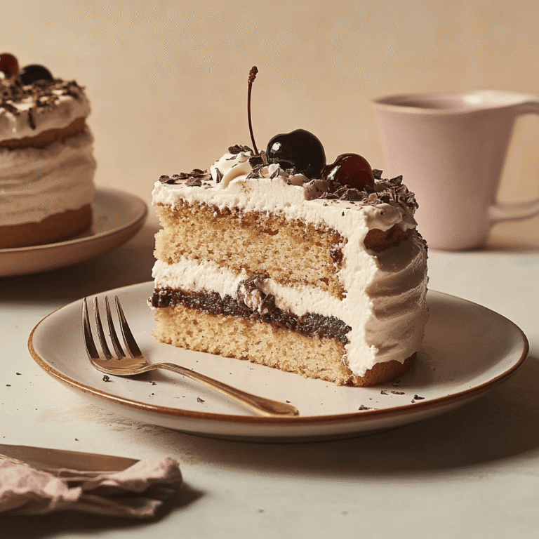 Discover the Secrets of the Delicious Italian Rum Cake: A Must-Try Recipe 5 Layered cake with chocolate and vanilla filling, topped with whipped cream and a cherry.