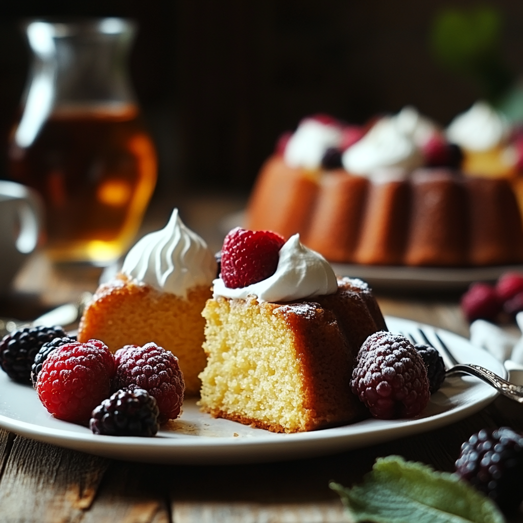 The Best Rum Cake Recipe: Moist, Flavorful & Easy to Make 8 Serving moist rum cake with berries and whipped cream