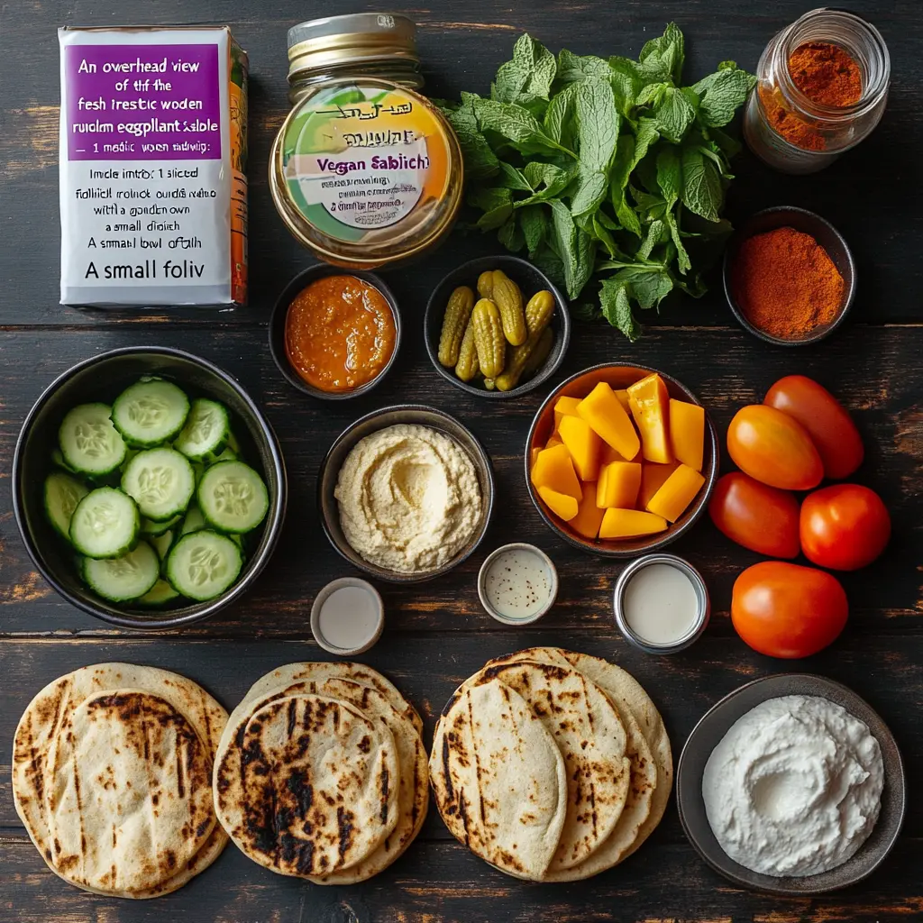 "Vegan Sabich sandwich ingredients including cucumber, tomatoes, pickles, hummus, and fresh mint, with pita and spices."